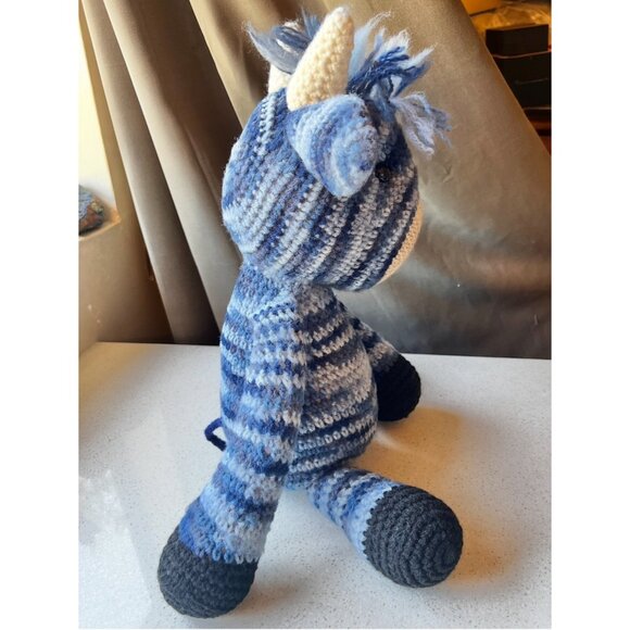 Hand Knitted Blue Striped Cow Toy Stuffed Animal Child’s Snuggle Gift - Picture 11 of 12